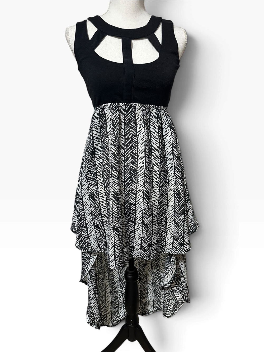 Reverse Black and White Cutout High-Low Dress